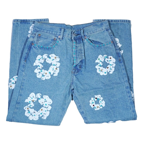 Blue Studded Denim Tear Levi Jeans Cotten Wreath